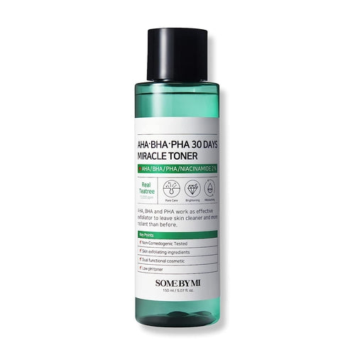 SOME BY MI AHA BHA PHA 30 Days Miracle Toner - 5.07Oz, 150ml - Made from Tea Tree Leaf Water for Sensitive Skin - Mild Exfoliating Daily Facial Toner - Acne, Sebum and Oiliness Care - Facial Skin Care - elizkofbeauty