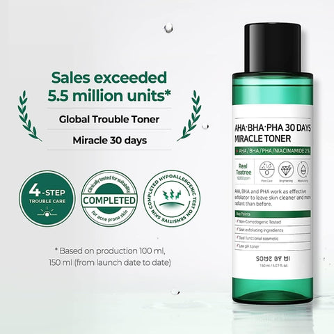 SOME BY MI AHA BHA PHA 30 Days Miracle Toner - 5.07Oz, 150ml - Made from Tea Tree Leaf Water for Sensitive Skin - Mild Exfoliating Daily Facial Toner - Acne, Sebum and Oiliness Care - Facial Skin Care - elizkofbeauty