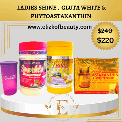 GLUTA WHITE SPARKLE L-GLUTATHIONE , LADIS SHINE AND  PHYTO ASTAXANTHIN PLUS ABYADH.